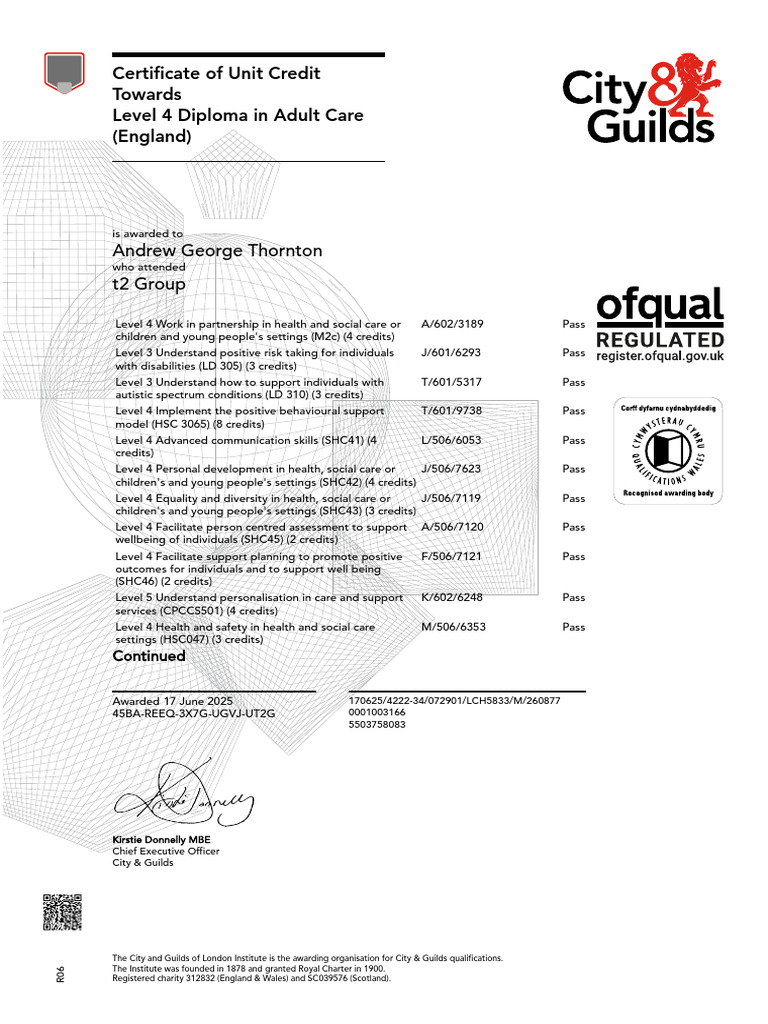 Level 4 Diploma in Adult Care Achievements | PDF