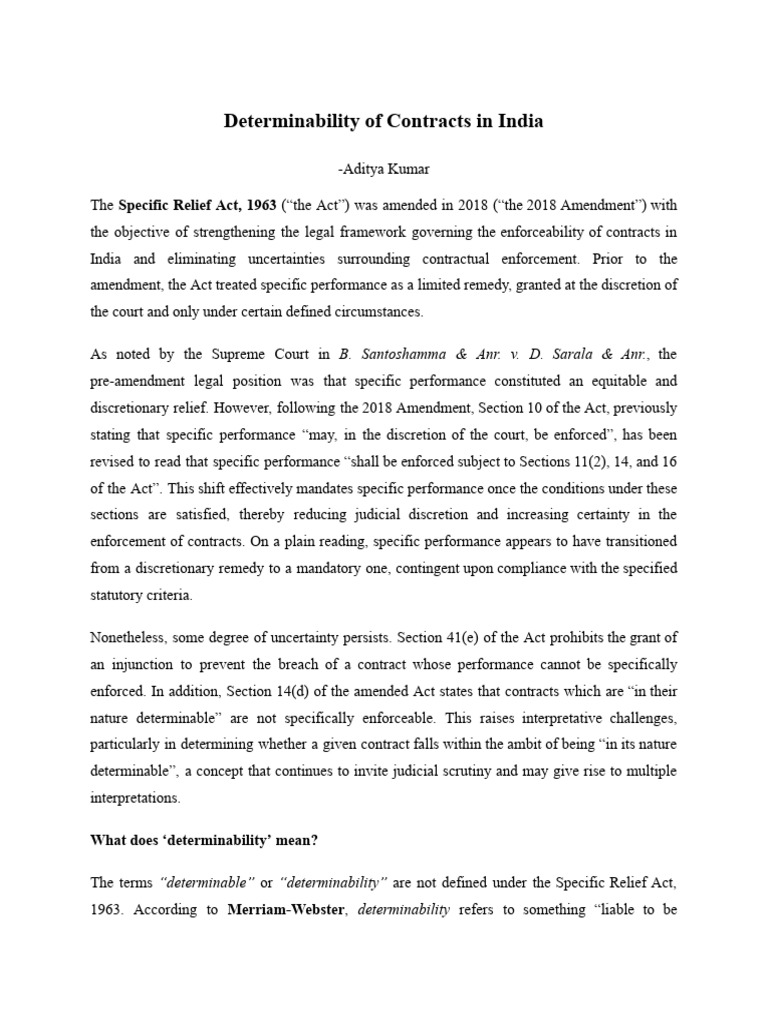 Determinability of Contracts in India | PDF | Breach Of Contract ...