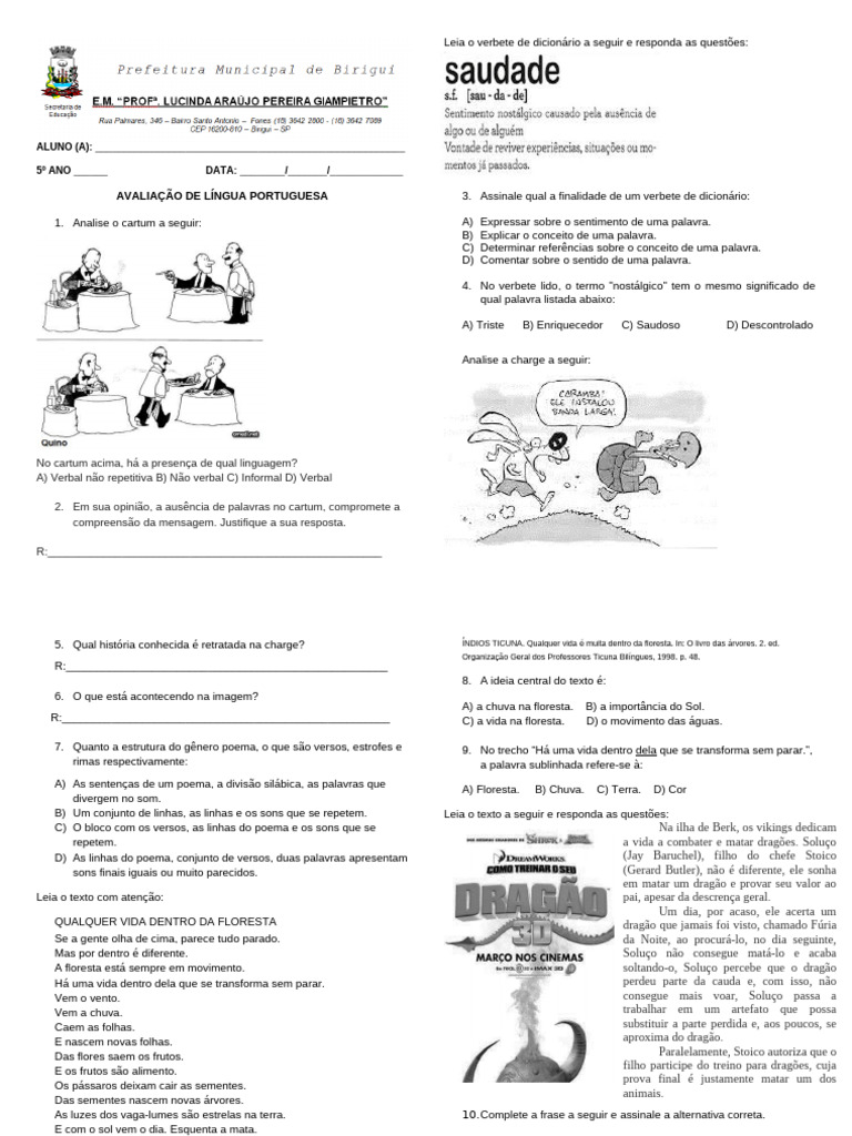 Avaliação de Língua Portuguesa 1 Bimestre | PDF | Dragão | Abstract ...