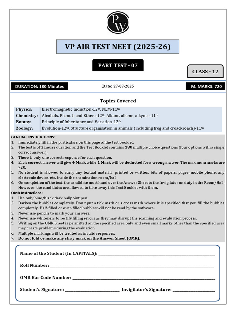NEET 2025-26 Physics & Chemistry Test | PDF | Inductance | Inductor
