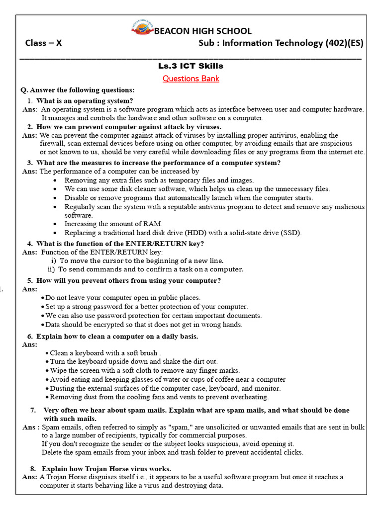 IT Skills Questions Bank for Class X | PDF | Computer Virus | Antivirus ...