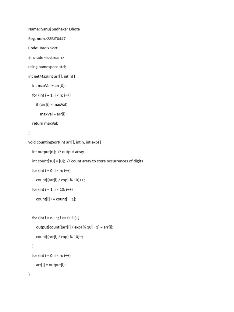 Radix Sort Algorithm in C++ | PDF