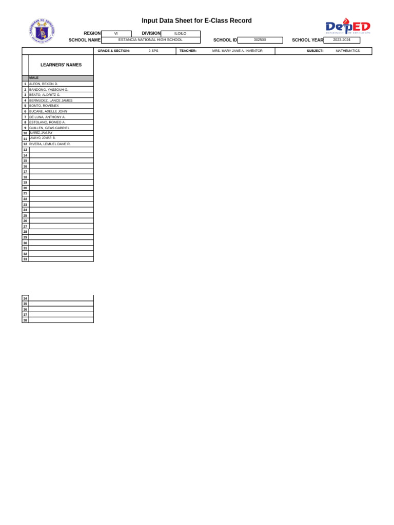 9-SPS Mathematics Class Record 2023-24 | PDF
