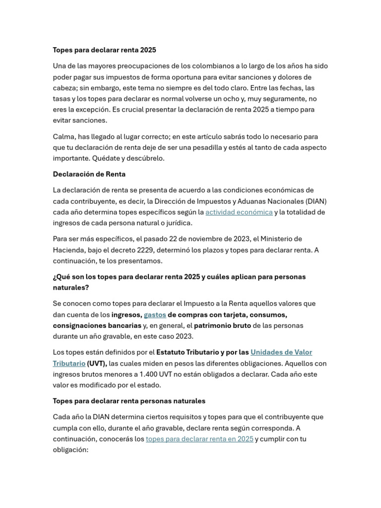 Topes para declarar renta 2025 en Colombia | PDF | Impuestos | Dinero