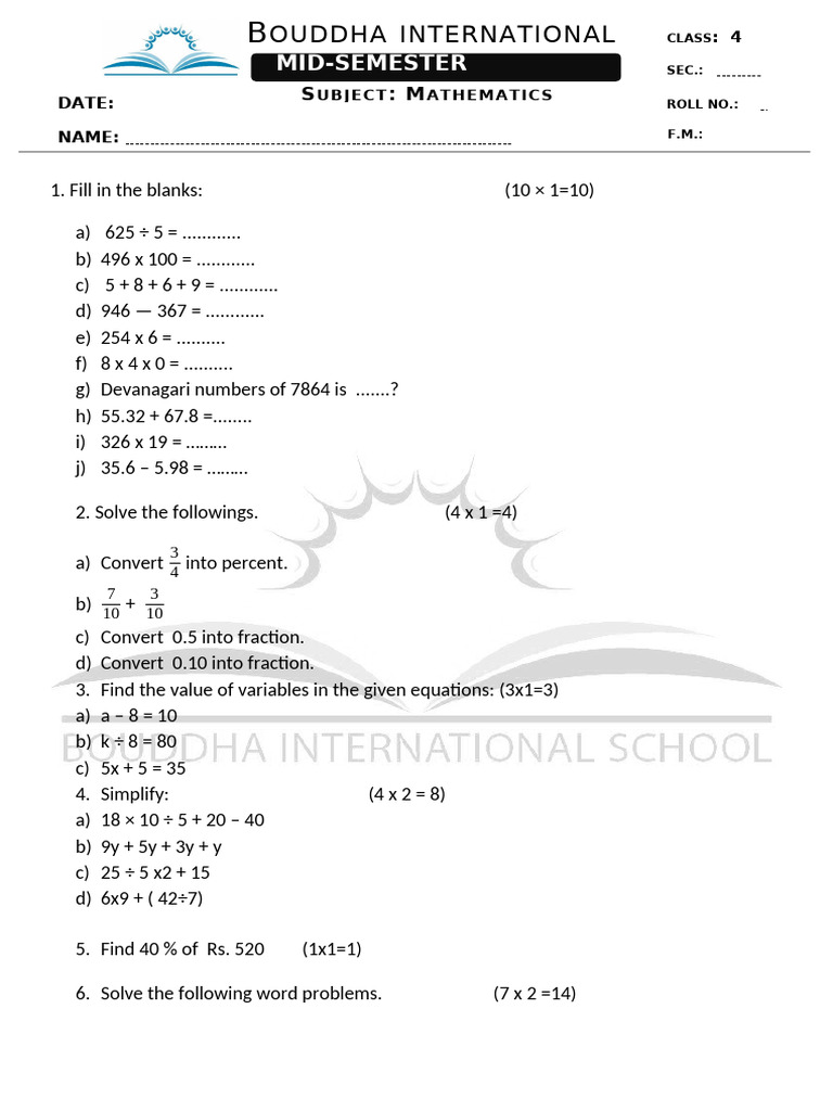 Class 4 Mathematics Exam Questions | PDF | Mathematics