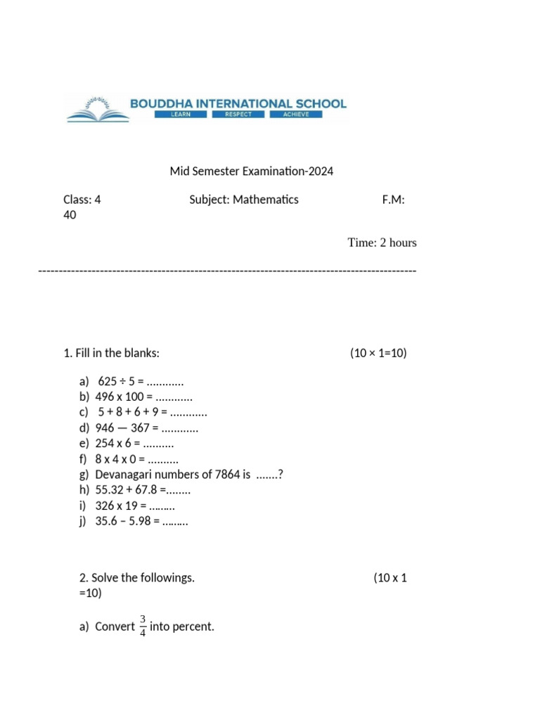 Class 4 Math Mid Semester Exam 2024 | PDF