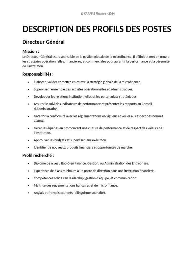Profils de postes en microfinance 2024 | PDF | Conformité | Audit