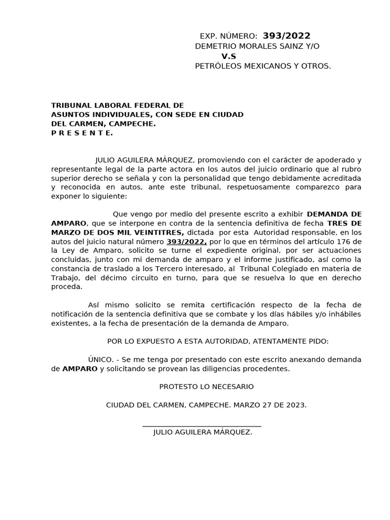 Demanda de Amparo en Juicio Laboral 393/2022 | PDF | Caso de ley ...