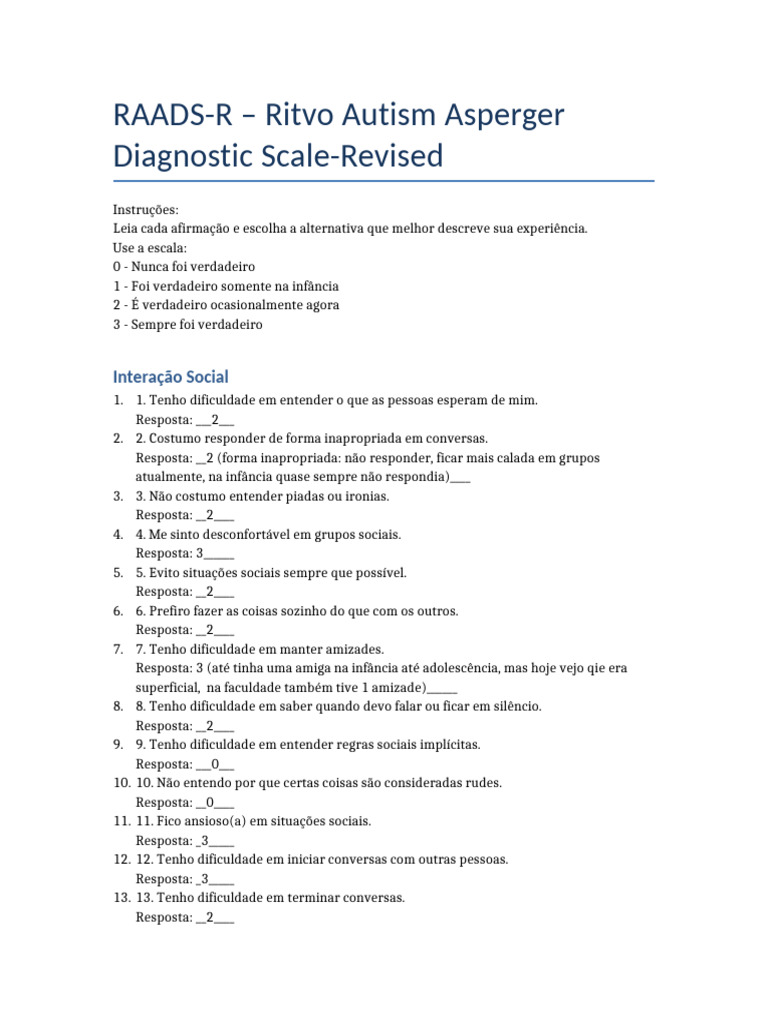 Escala RAADS-R para Diagnóstico de Autismo | PDF