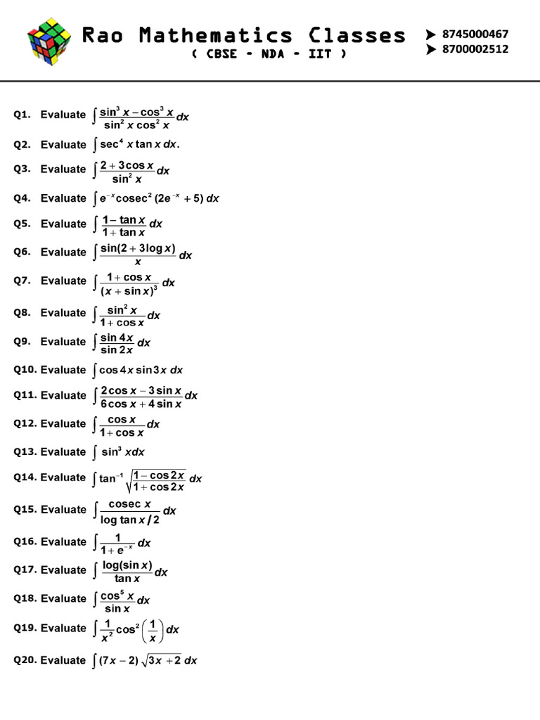 Integral Assignment for XII Math Students | PDF