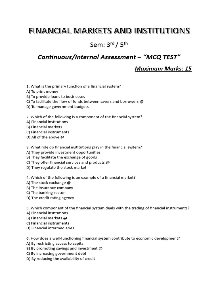 Financial System MCQ Assessment Test | PDF | Financial Markets | Investing