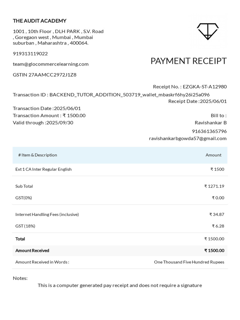 Payment Receipt for CA Inter Course | PDF