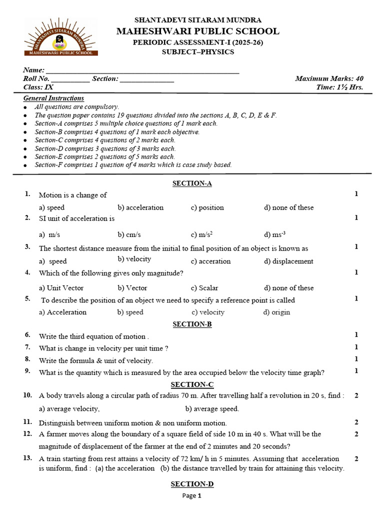 Class 9 Physics Motion Assessment | PDF | Velocity | Acceleration