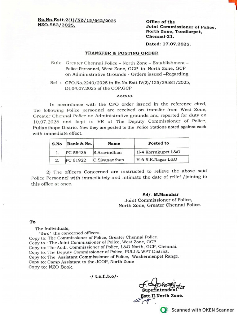 Transfer and Posting Order On Administrative Grounds - 582 | PDF