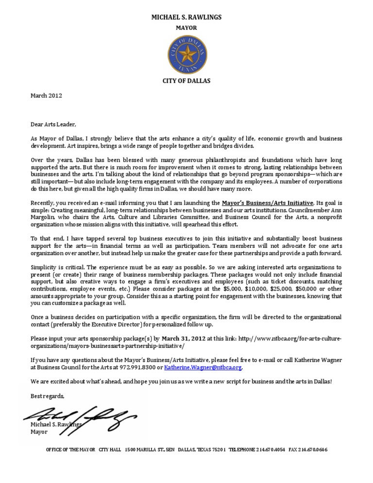 Rawlings Letter To Arts Leaders PDF Dallas Business