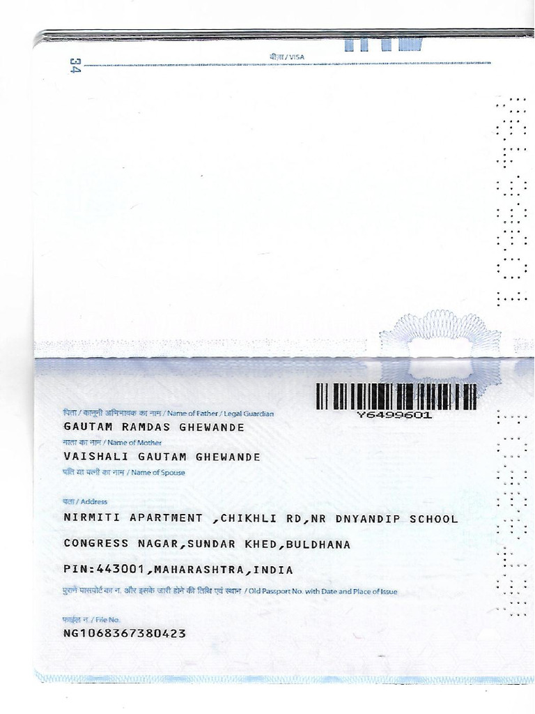 Samyak Ghewande Passport (Back) | PDF