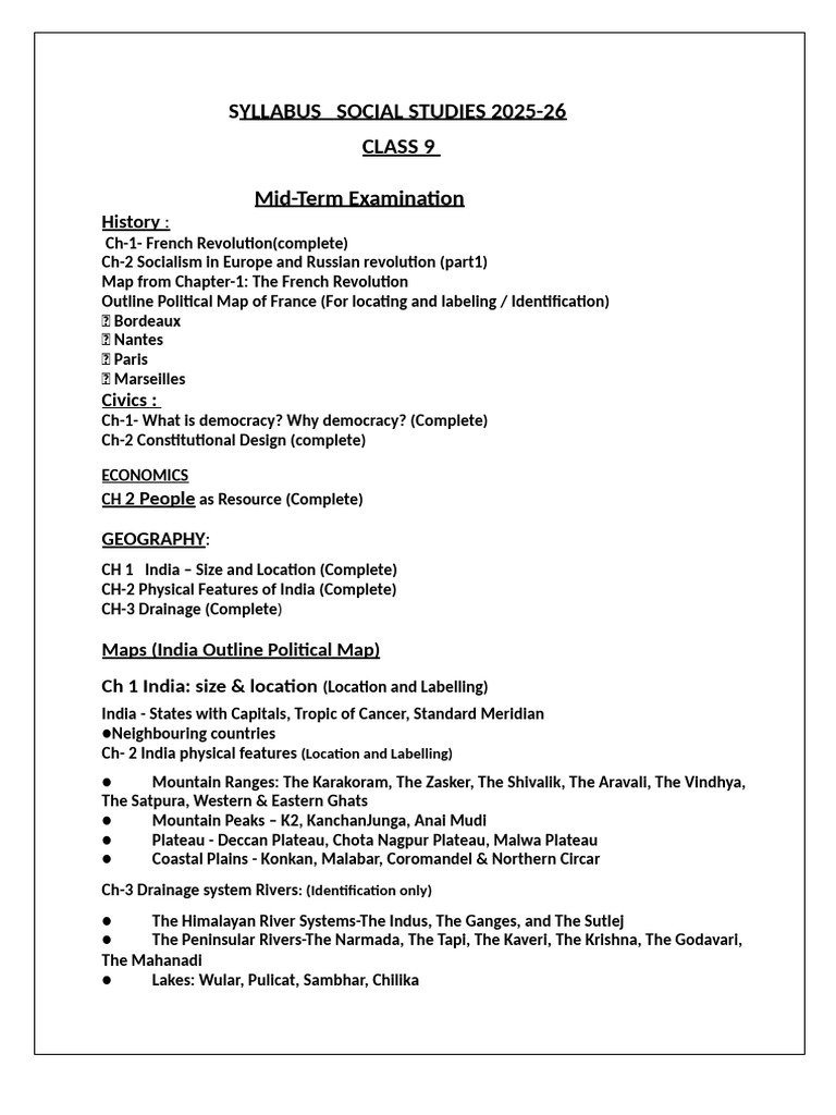 Class 9 SST Mid-Term Syllabus 2025-26 | PDF