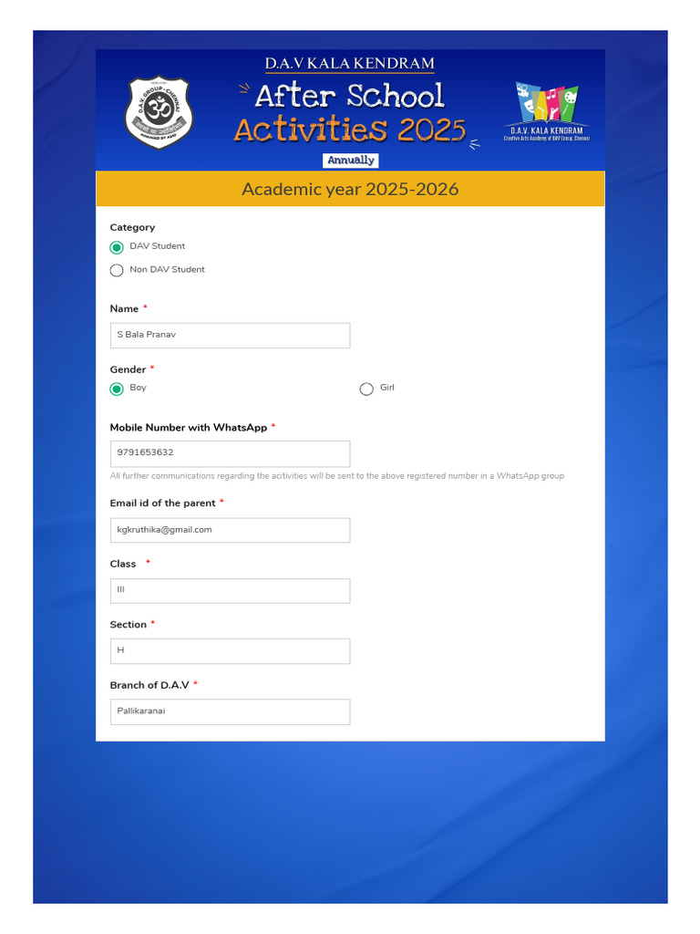 DAV Student Activity Registration 2025-26 | PDF