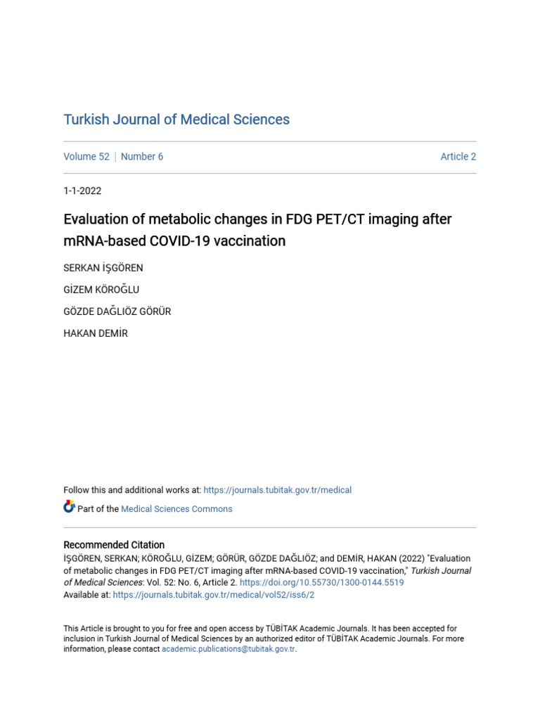 Evaluation of Metabolic Changes in FDG PET - CT Imaging After MRNA ...
