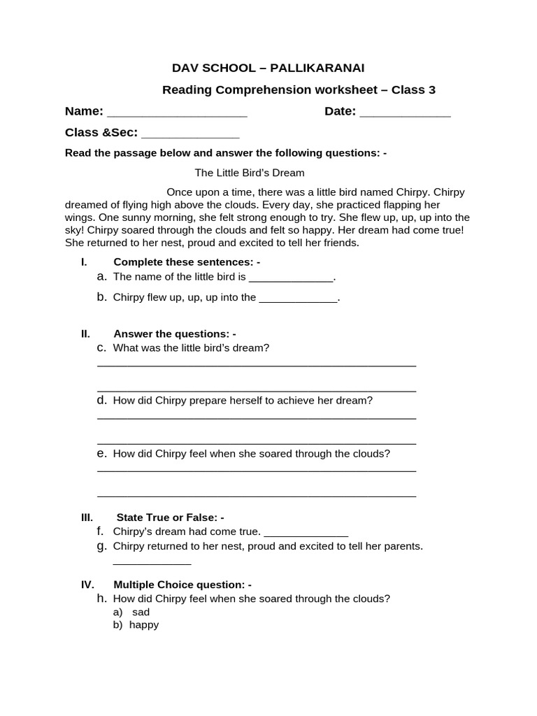 Reading Comprehension Class 3 | PDF