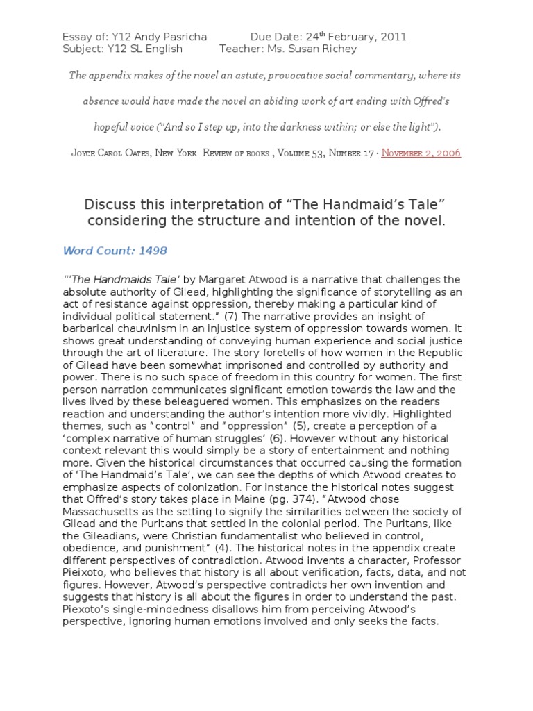 English Handmaid's Tale Essay Andy Uploaded Narration Narrative