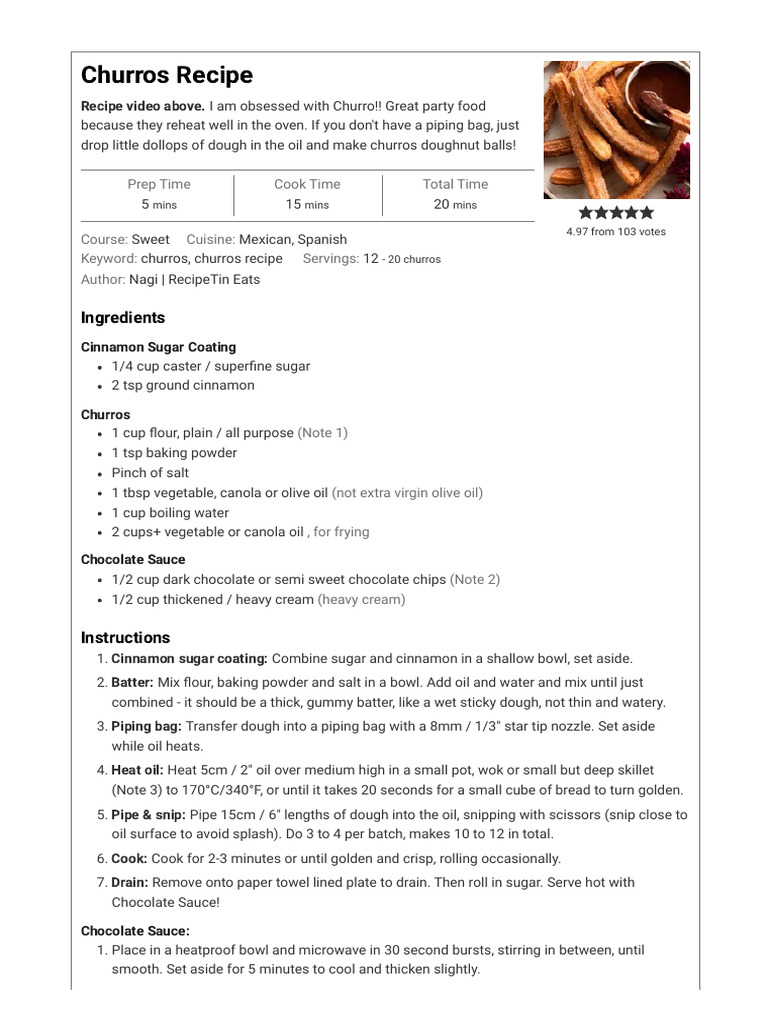 Churros Recipe - RecipeTin Eats | PDF | Batter (Cooking) | Doughnut