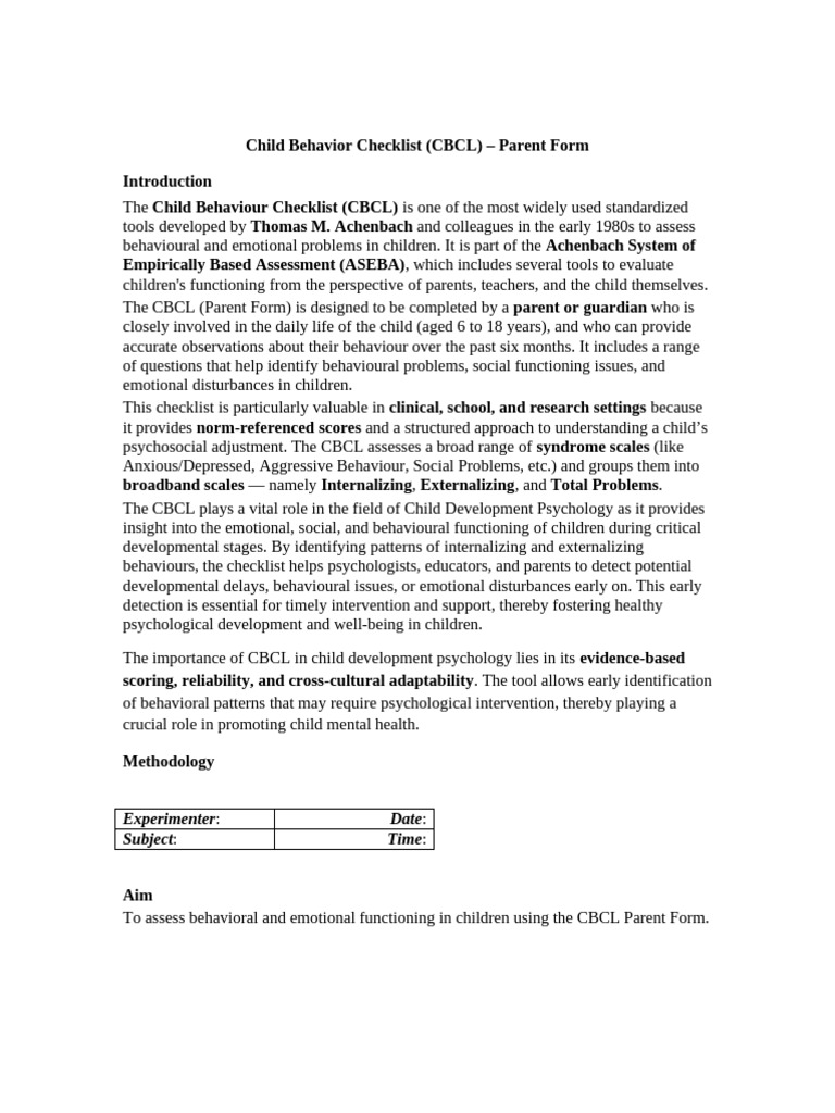 CBCL Parent Form Assessment Guide | PDF | Psychology | Developmental ...