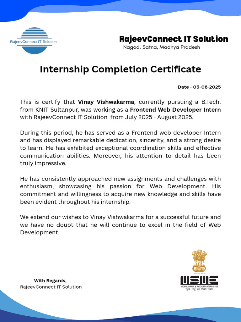 Frontend Developer Internship Certificate | PDF