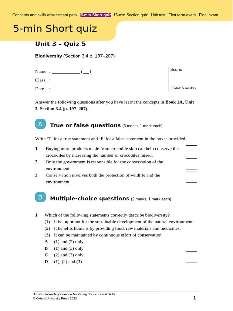Junior Secondary Science Mastering and Skills 1A - Jsci - 5minquiz0305 ...