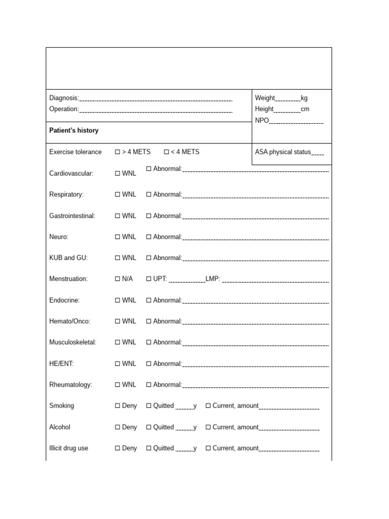 Preoperative Assessment Template | PDF