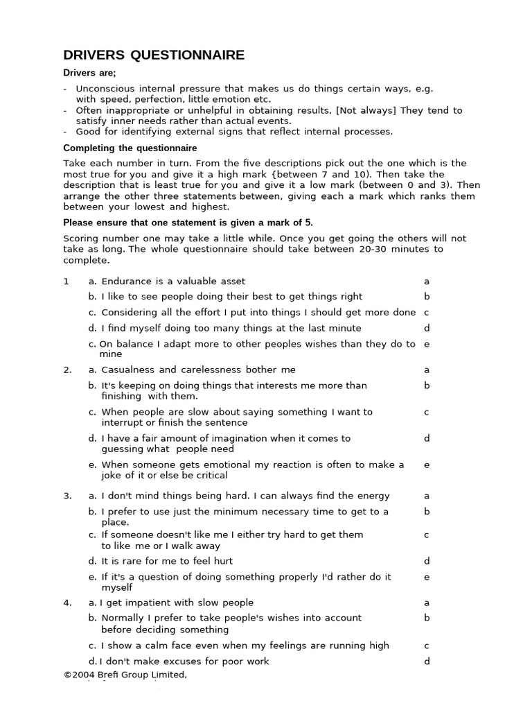 Drivers Questionnaire for Self-Assessment | PDF | Psychology ...