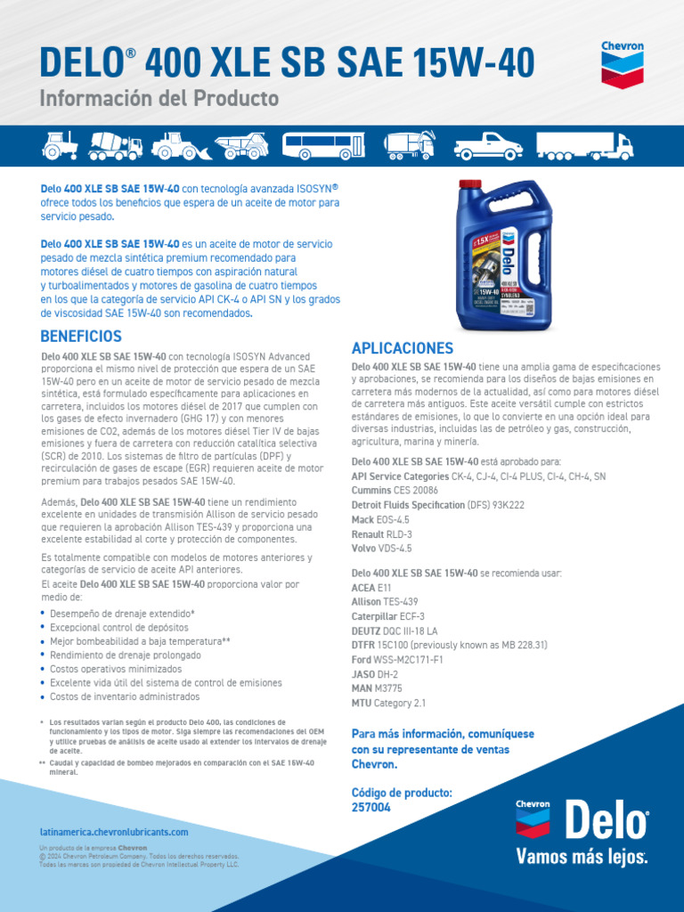 Aceite Chevron Delo 15W-40: Beneficios y Usos | PDF | Aceite de motor ...