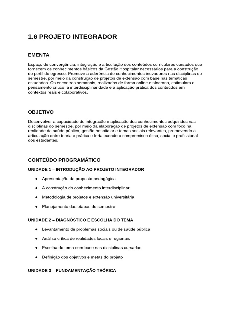Projeto Integrador em Gestão Hospitalar | PDF | Interdisciplinaridade ...
