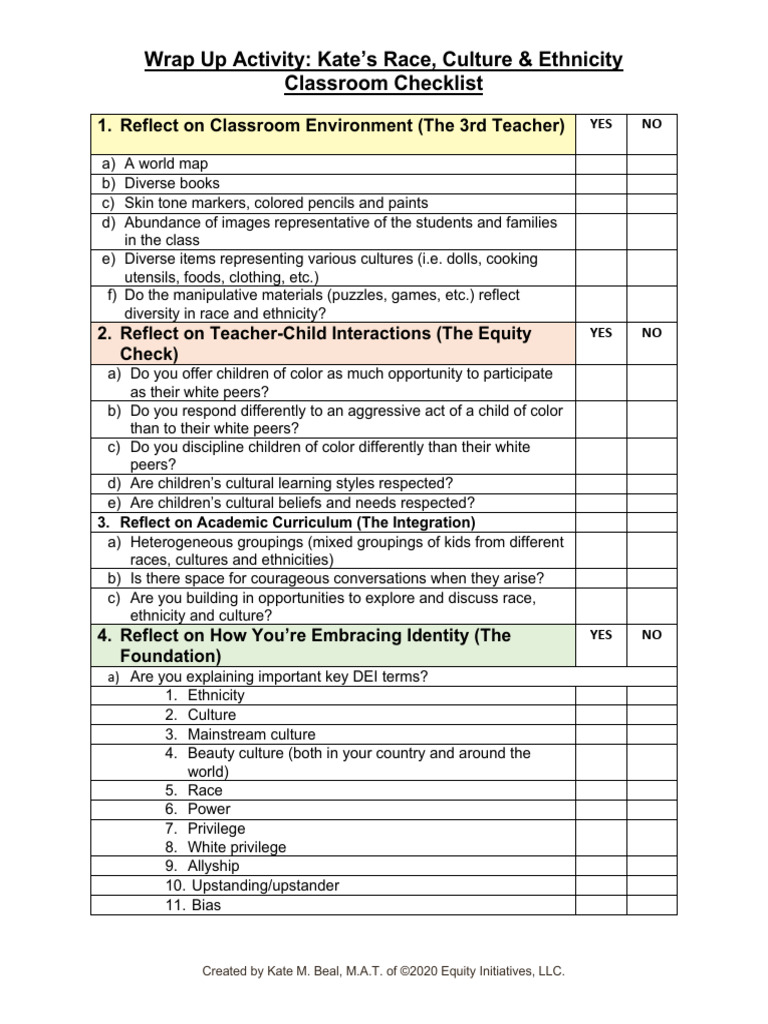 RCE Classroom Checklist KateBeal | PDF | Race (Human Categorization ...