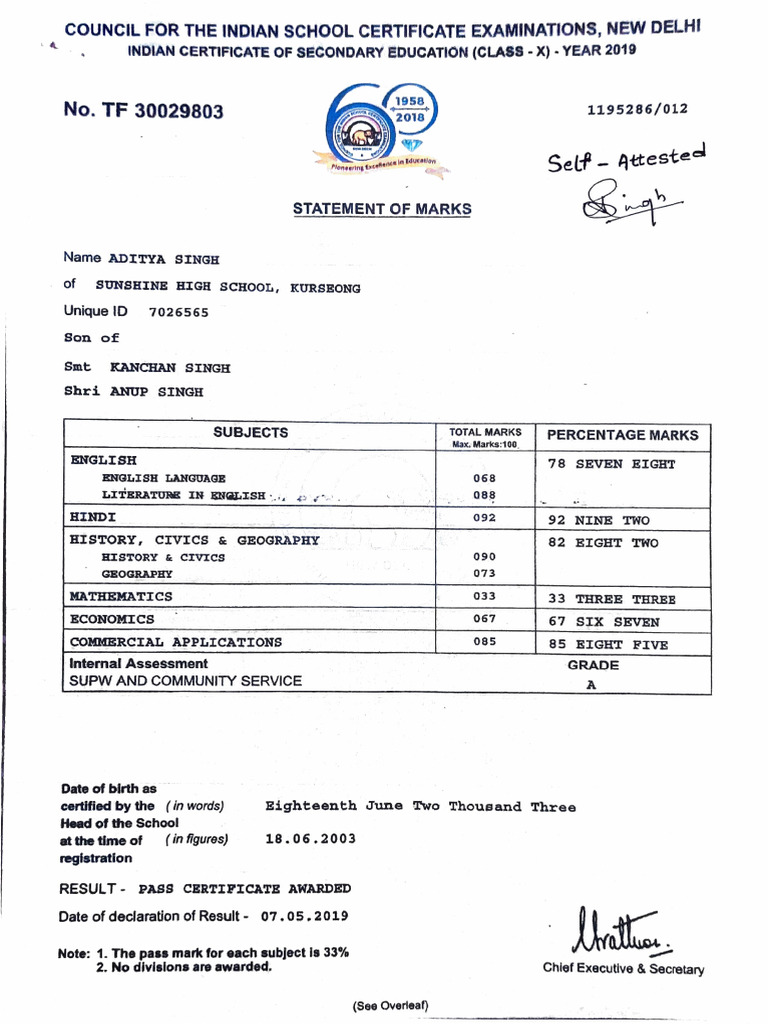 ICSE Class 10 Marksheet Details | PDF | Secondary Education ...