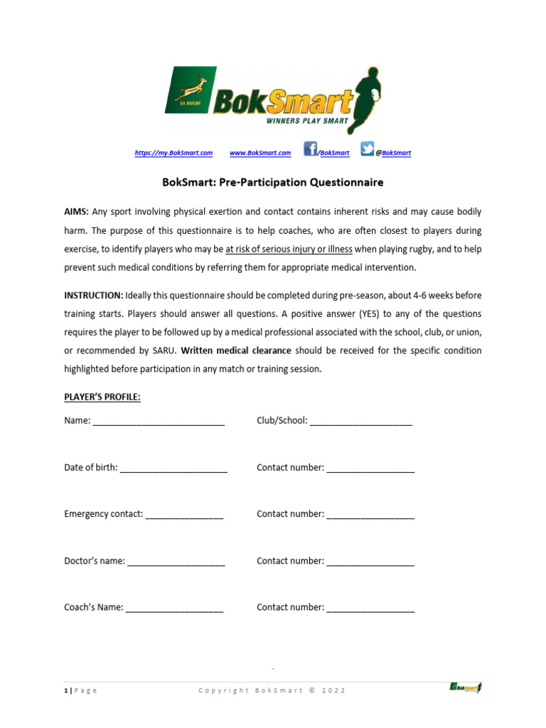 BokSmart Pre-Participation Questionnaire | PDF | Neurology | Diseases ...