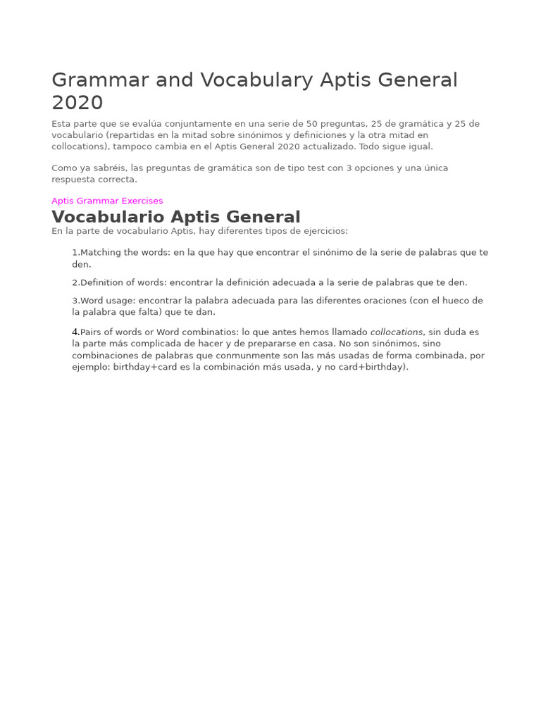 Gramática y Vocabulario Aptis General | PDF