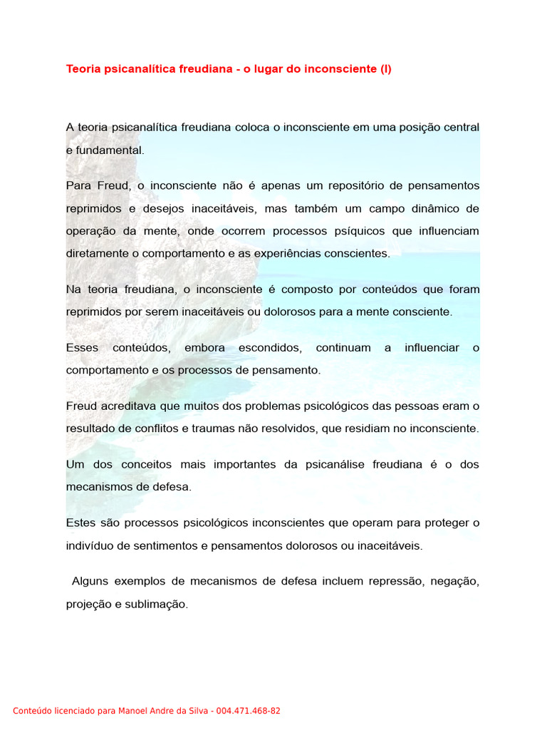 Inconsciente na Psicanálise Freudiana | PDF | Psicanálise | Mente ...