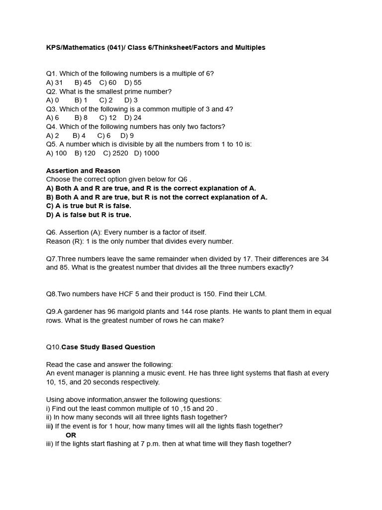 Class 6 Factors and Multiples Case Study | PDF