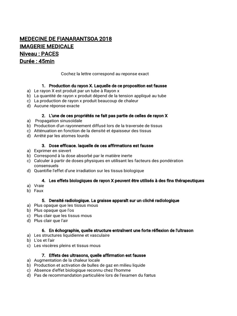 Imagerie Médicale : Questions PACES 2018 | PDF | Théorie (échecs) | Échecs