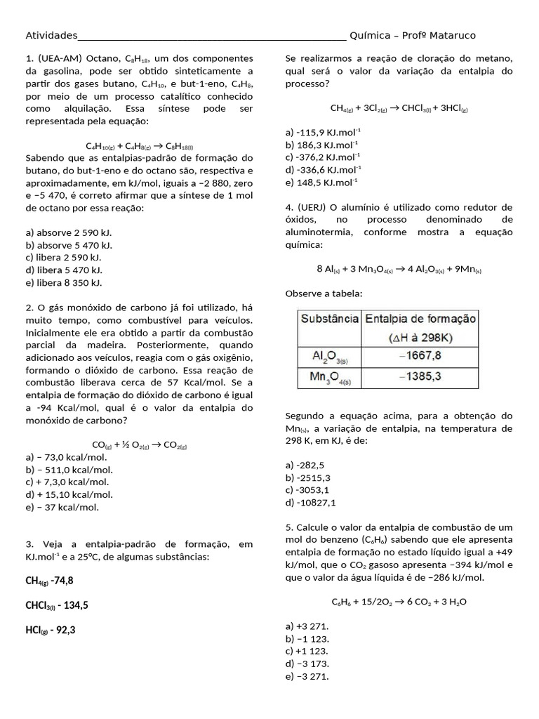 Exercícios Entalpia de Reação | PDF | Entalpia | Combustão