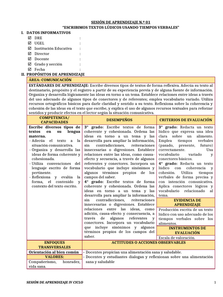 Semana 2 Sesiones de Aprendizaje IV Ciclo - Junio | PDF | Evaluación ...