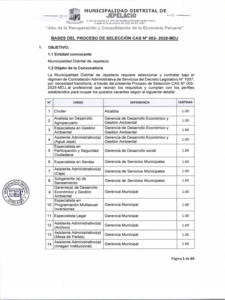 Bases Del Proceso de Seleccion Cas N 002 2025 MDJ | PDF