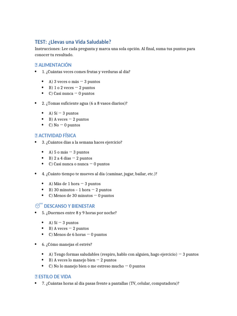 Test de Vida Saludable: Evalúa tu Estilo | PDF