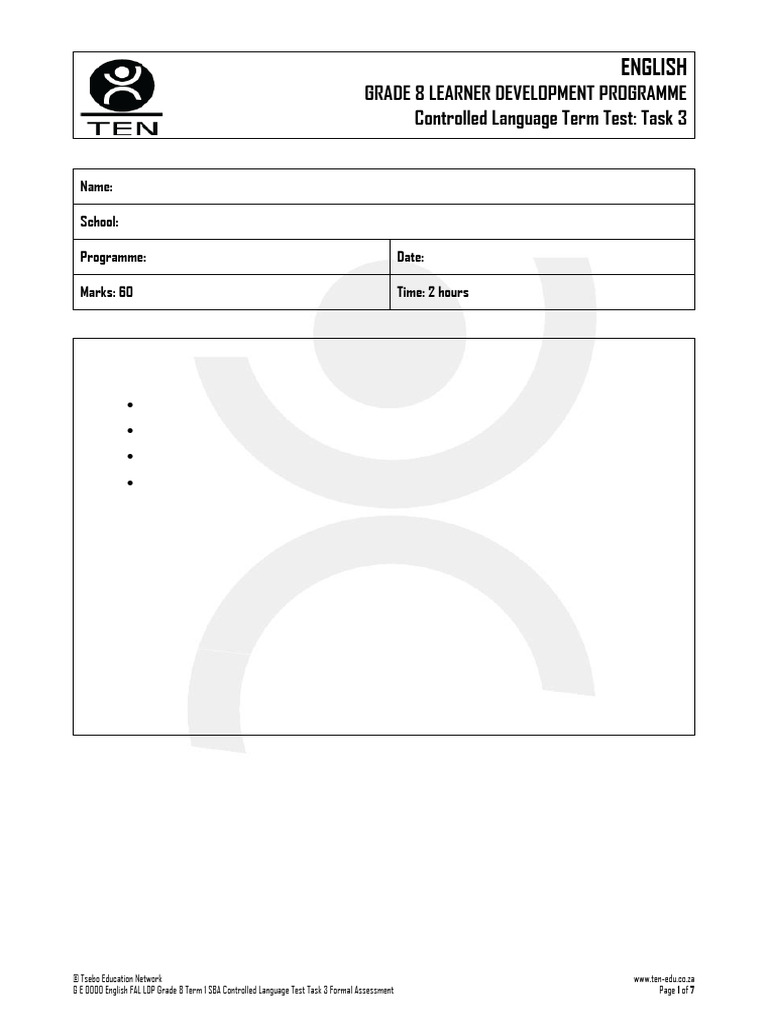 Grade 8 English Term 3 Test Paper | PDF | Linguistics | Grammar
