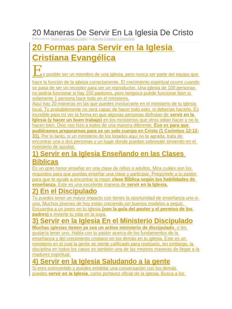 20 Formas de Servir en la Iglesia | PDF | Iglesia cristiana | Oración