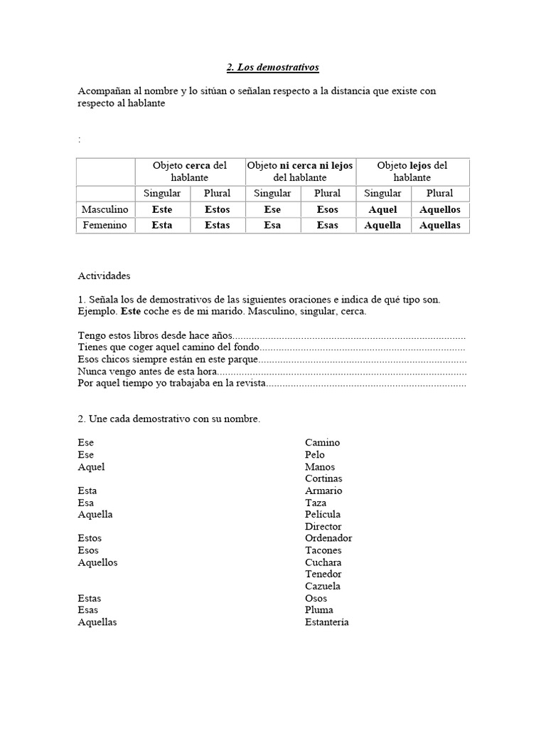 Ejercicios sobre demostrativos en español | PDF