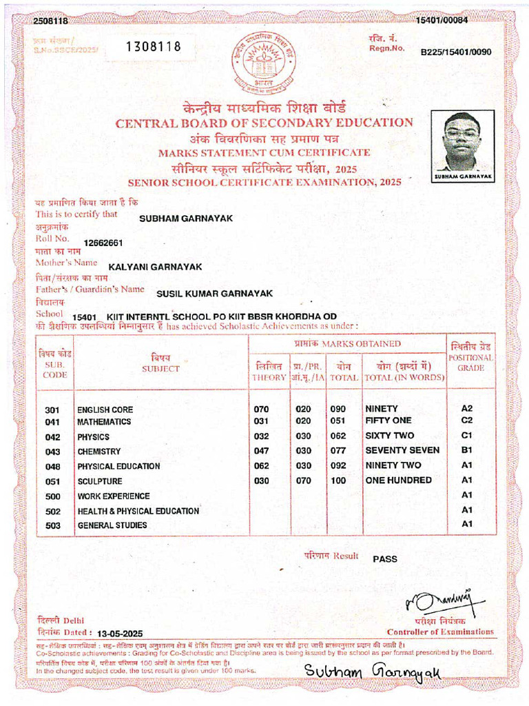 12th Marksheet Cum Certificate Subham | PDF