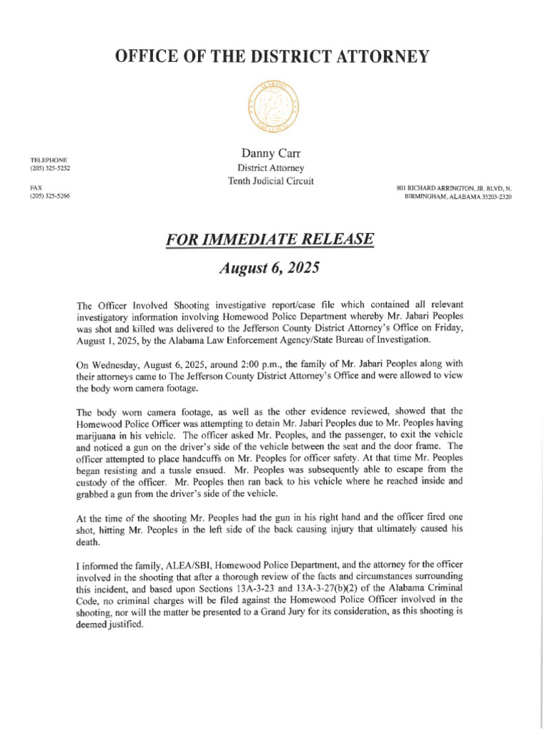 No Charges Filed Against Homewood Officer in Jabari Peoples' Case | PDF