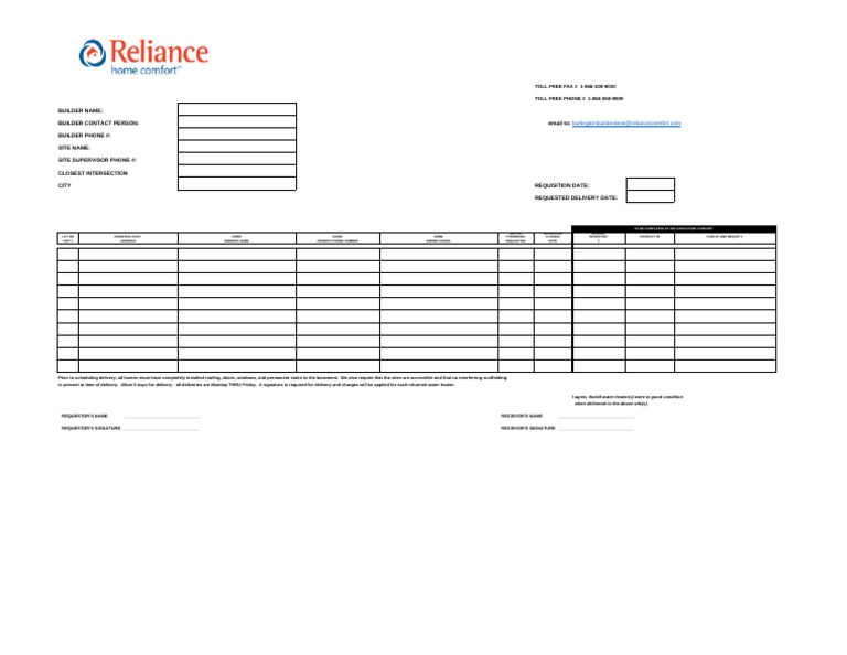 Updated Burlington Builder Order Form Reliance | PDF